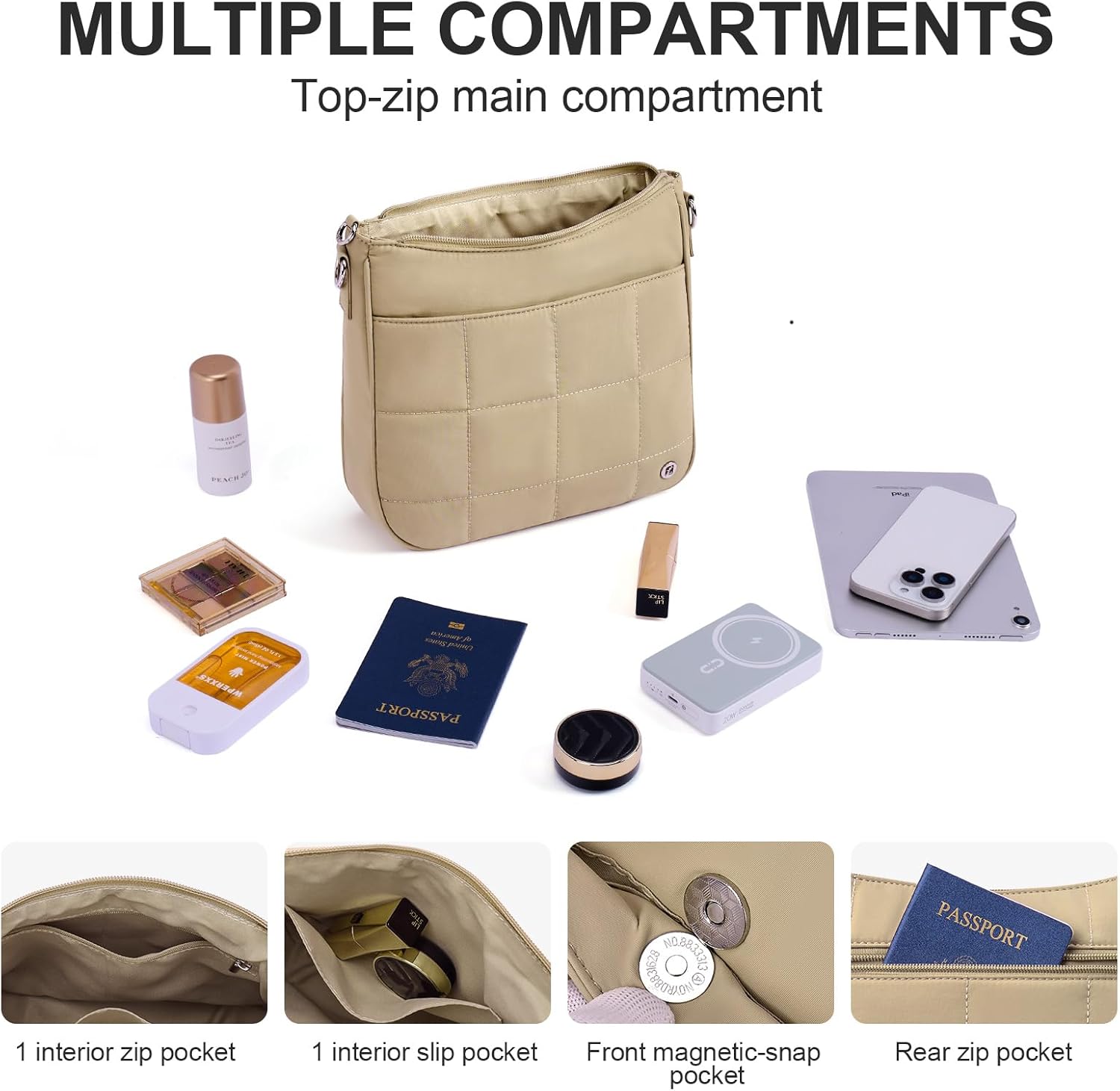 Anti Theft Crossbody Bags for Women,Quilted Puffer Travel Purses Shoulder Hobo Bag Handbag with Guitar Strap