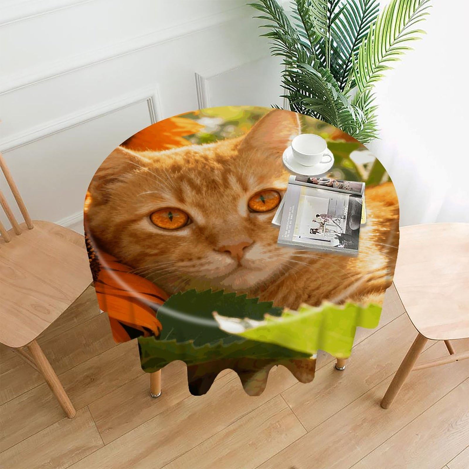 LDGSUPH Golden Cat Sunflower Round Tablecloth Cover Washable Luxurious Fabric Table Cover Decor Wrinkle Free Fashion Round Table Cloth for Home Dining Kitchen Party 60 in