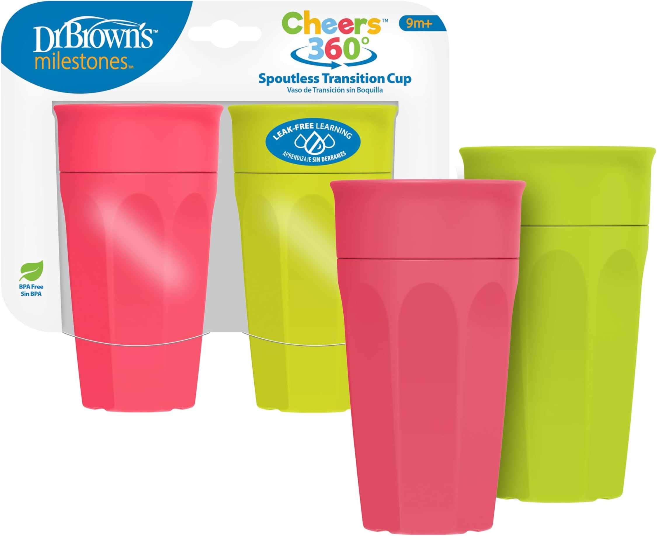 Dr. Brown's Cheers 360 Spoutless Training Cup, 9m+, 10 Ounce, Pink/Turquoise, 2 Count