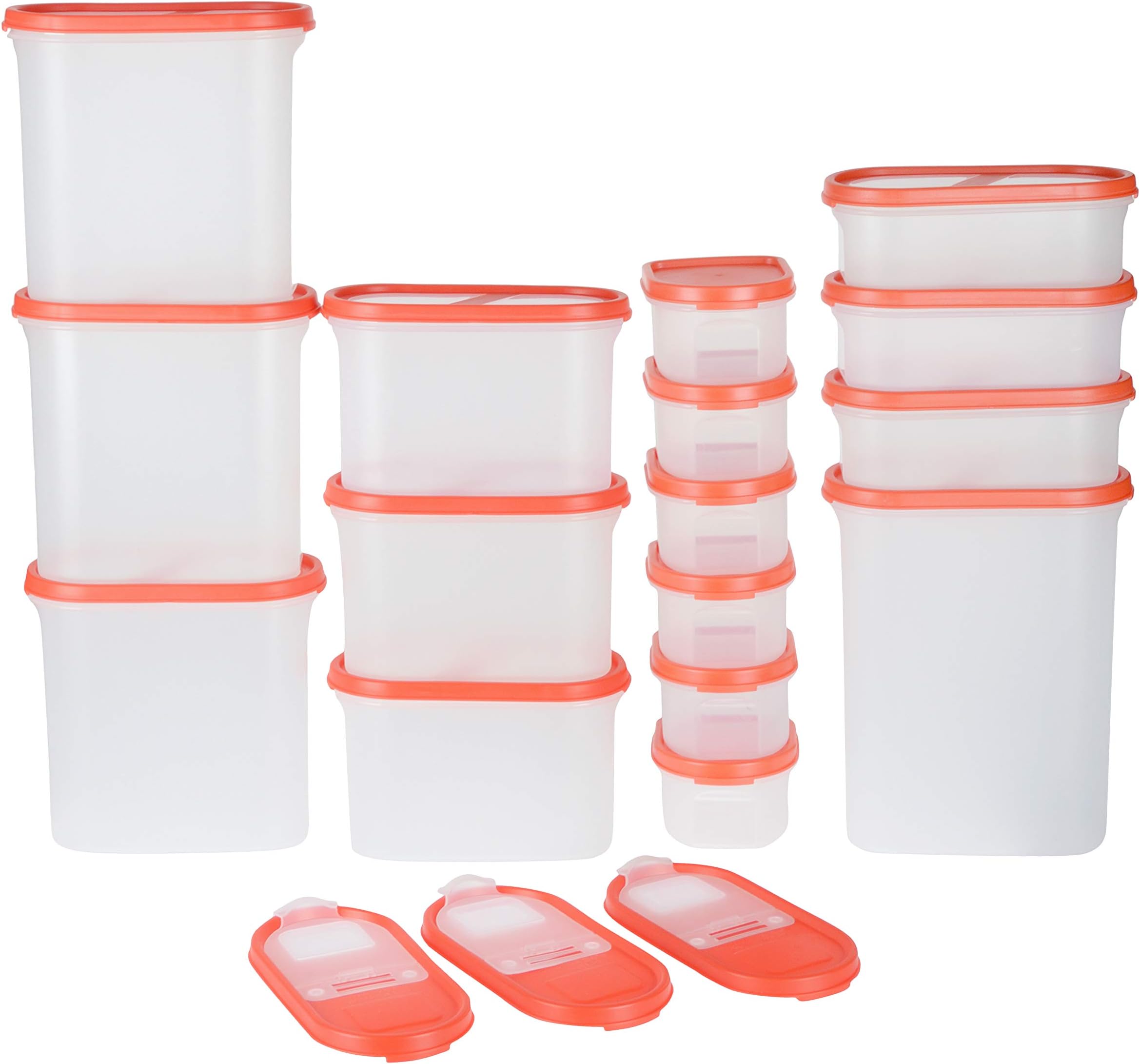 SIMPARTE Plastic Modular Kitchen Container Set with Lid Stackable, Dishwasher Safe,Microwave Safe, Jars and Container Set (Transparent, Set of 16, Blushing Red)