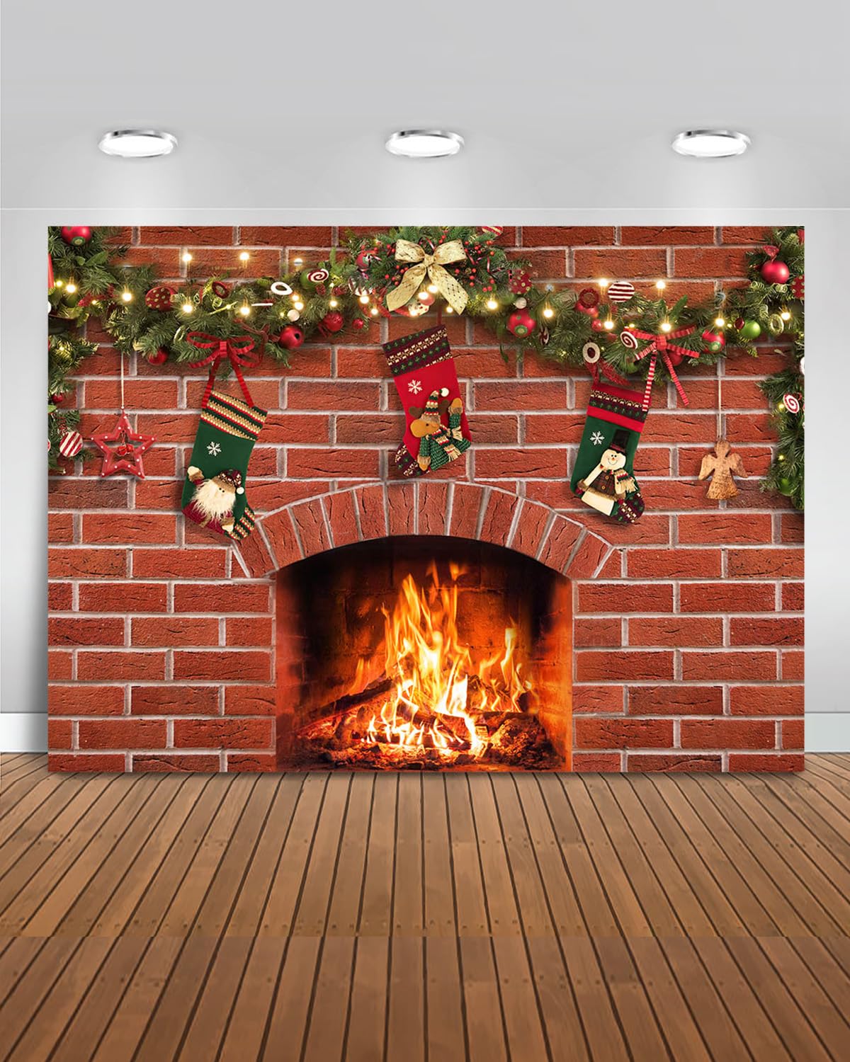 Mocsicka Christmas Fireplace Backdrop Xmas Large Red Brick Wall Merry Christmas Party Decorations Banner for Holiday Photography Background Photo