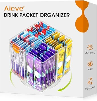 AIEVE Drink Packet Organizer, Lazy Susan Organizer for Water Flavor Packets, Drink Mix Rotating Turntable Sugar Packet Holder Container for Pantry Organizers and Storage, Square