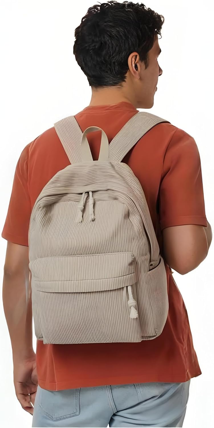 Corduroy Travel Backpack Women Vintage Casual Kawaii Cute Aesthetic Fuzzy Fluffy Plush Fleece Rucksack Daypack (White) - Image 7