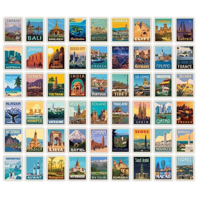 ATEVON Vintage Travel Poster Wall Collage Kit – 54 Retro Country-Themed...