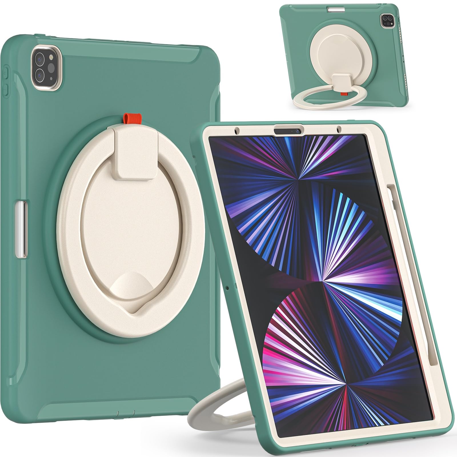 Kompatybilny z etui iPad Pro 12.9 2021 5. generacji, odporna na wstrząsy hybrydowa osłona ochronna obrotowym uchwytem i podstawką, przyjazny dla dzieci design(Green 2)