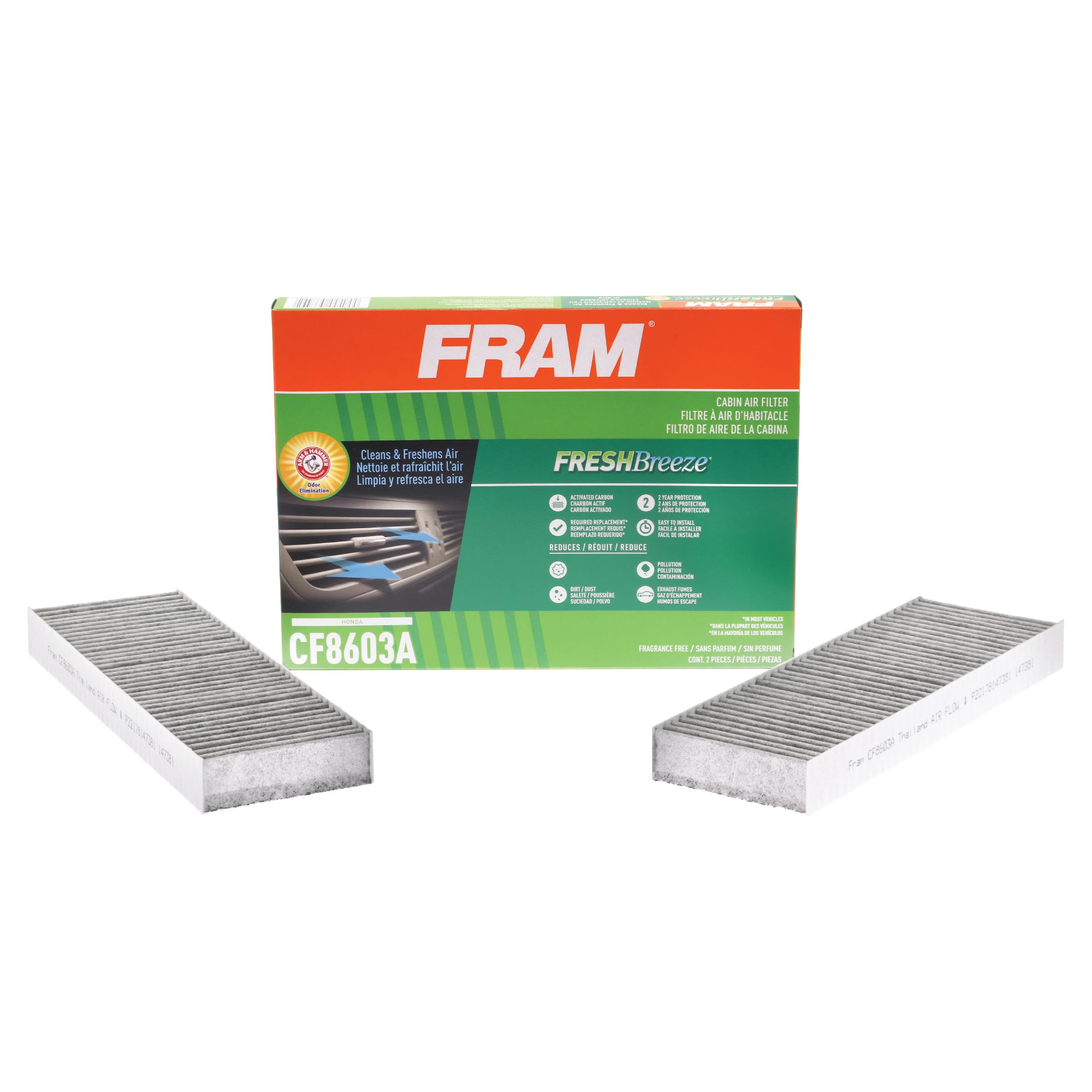 FramFresh Breeze Cabin Air Filter Replacement for Car Passenger Compartment w/Arm and Hammer Baking Soda, Easy Install, CF8603A for Select Honda Vehicles white 2 Count (Pack of 1)