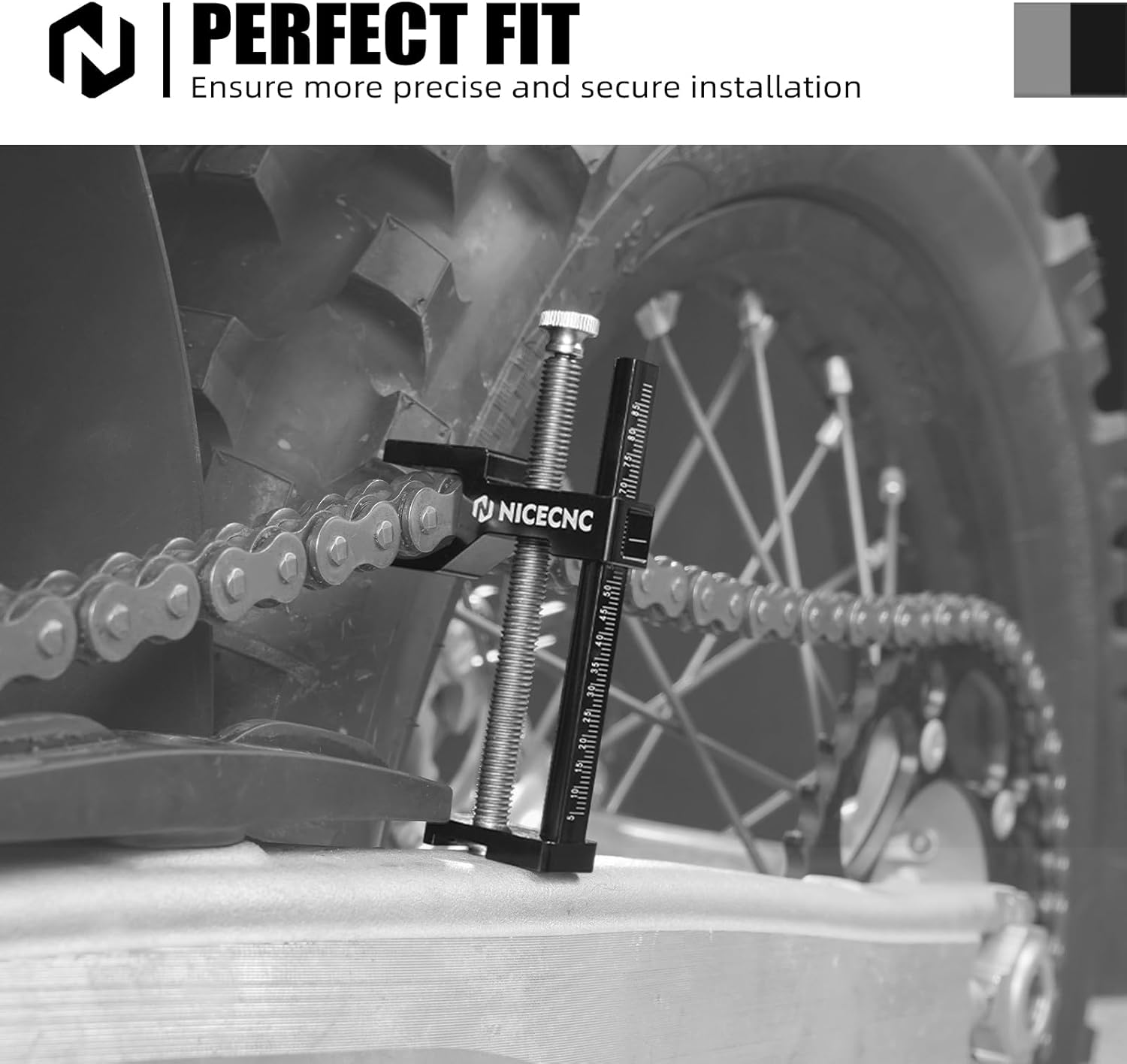 NICECNC Chain Slack Adjuster, 5-85mm Adjustment Range, Compatible with KTM 125–530 EXC/EXC-F/XC/XC-F/XC-W/XC-W TPI/XCF-W 2004 Up – Lightweight, Compact, Precision Scales, See Fitment