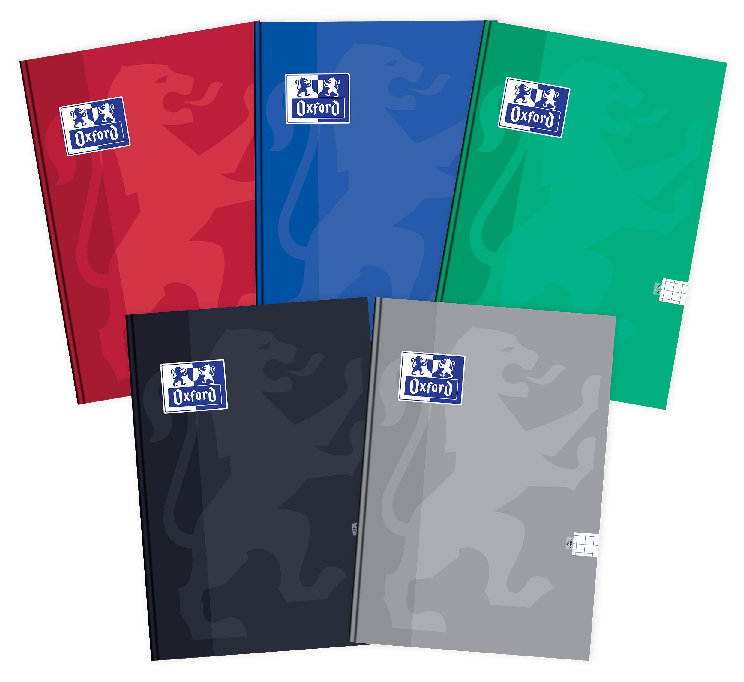 Oxford Notizbuch A4, 96 Blätter, Karo, 5 Stück-Packung Farbenmix