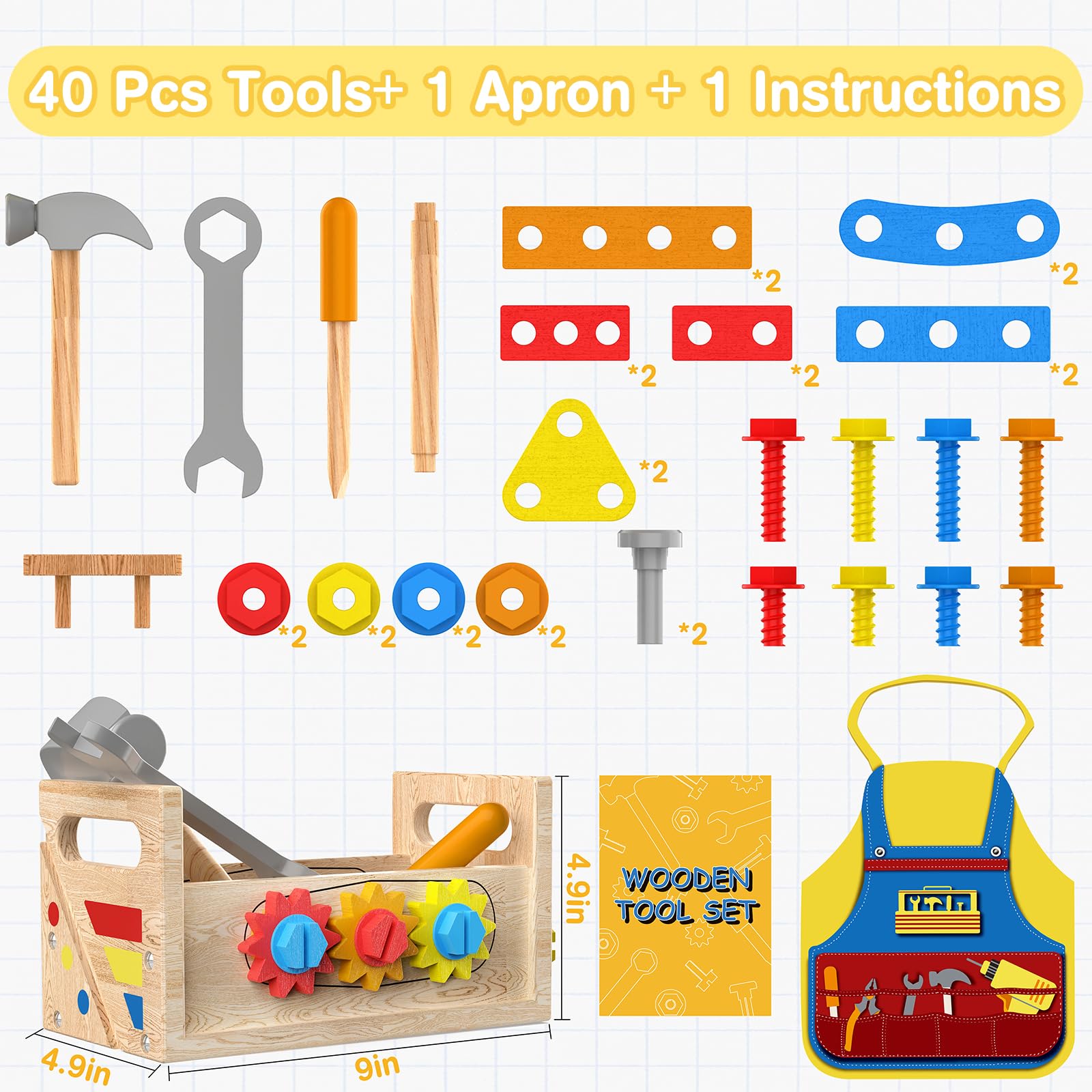 Drewniany zestaw narzędzi dla dzieci z fartuchem - Montessori Toys dla 2-letniego chłopca, ławka narzędziowa maluchów, edukacyjna zabawka konstrukcyjna STEM dzieci w wieku 2-4 lat, zabawa w od