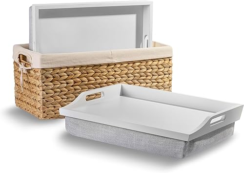 Miniatura 9 de ROSSIE HOME Bandeja de madera para cama de regazo – Juego de dos – con cesta de almacenamiento de jacinto – Gris calmante – Se adapta a portátiles