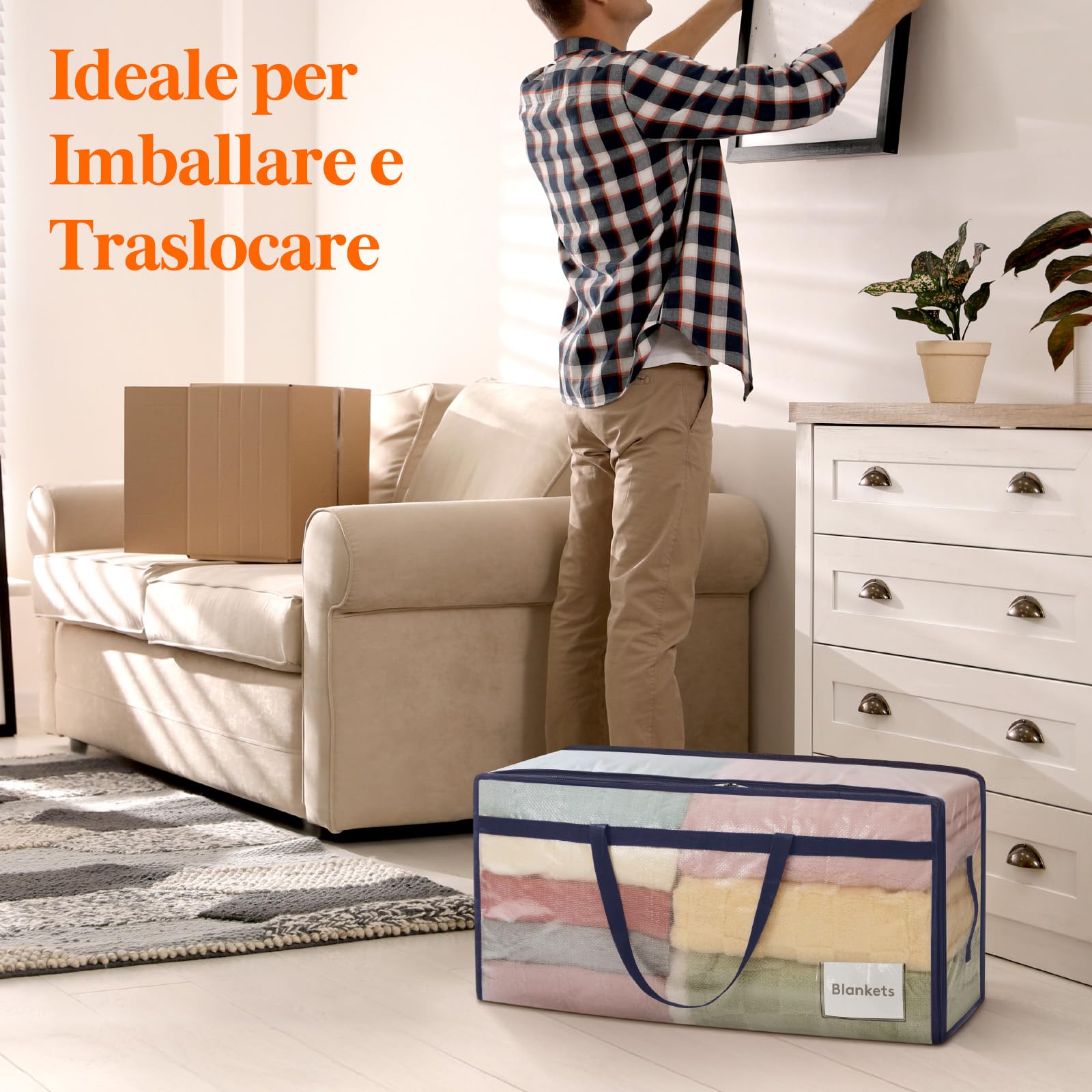 Lifewit Set di 4 Grandi Scatole per Armadio 90 L, Borse Trasloco con Manici, Contenitore Pieghevole per Piumoni, Coperte, Vestiti, Trasparente