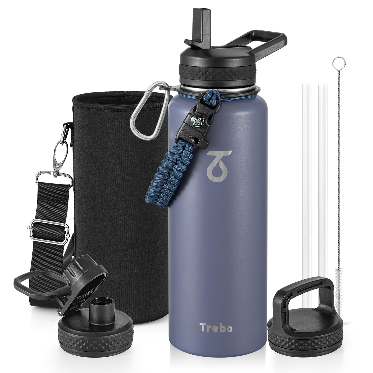 Trebo Borraccia Termica, Borraccia con Cannuccia Borraccia acciaio inox fredda per 48 ore Borraccia Termica Bottiglia in Metallo con Manico in Paracord, 1183 ml, Viola Grigiastro