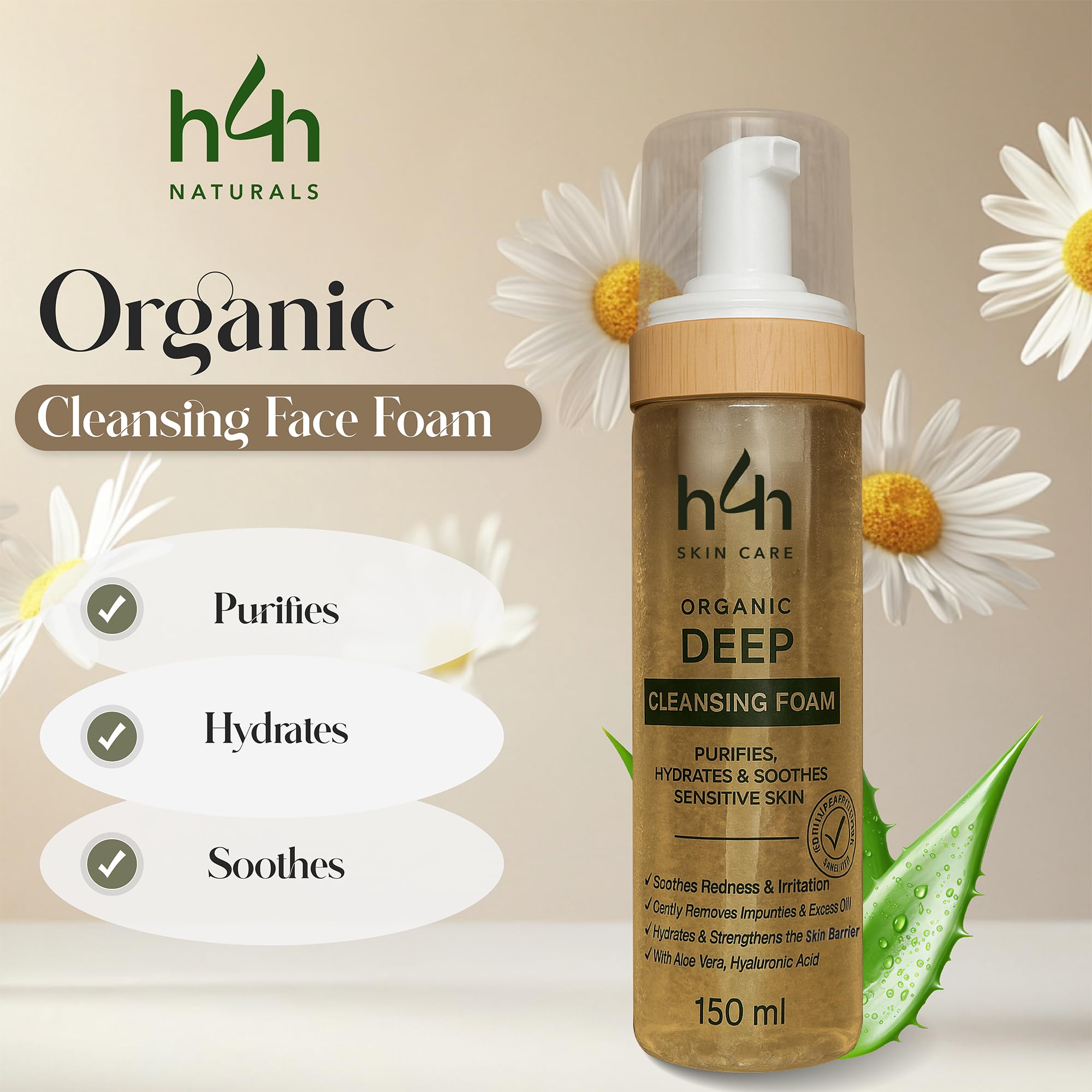 Espuma limpiadora facial orgánica – Limpieza facial suave para pieles sensibles – Con aloe vera, ácido hialurónico y manzanilla – Limpiador de espuma hidratante – Vegano y sin perfume – 150 ml