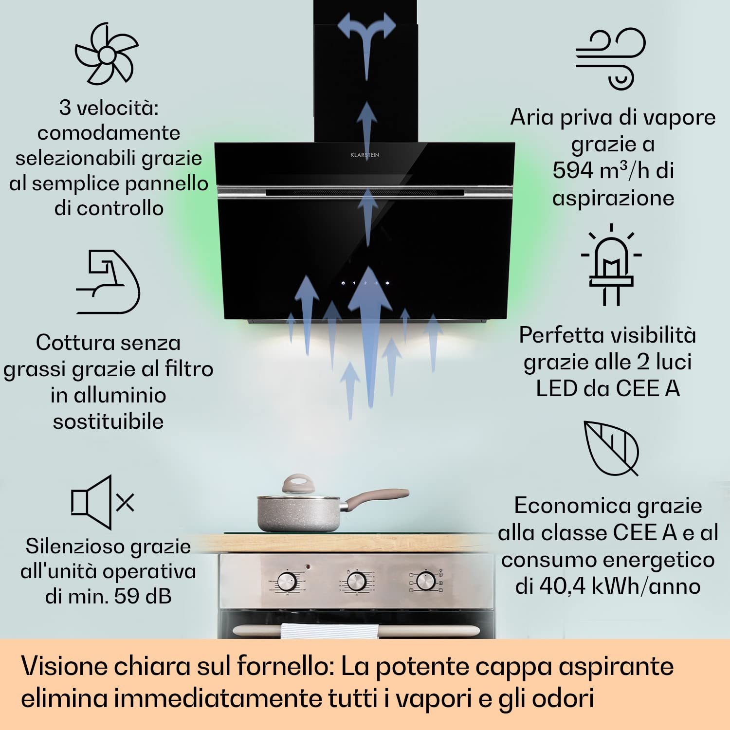 Klarstein Alina Angled Cappa Aspirante 60 cm, Cappa Cucina con Aspirazione Smart, Con Filtro per Cappa in Carbonio, Flusso d'Aria 594m³/h, Illuminazione LED RGB, Cappa Sottopensile Esterno Classe A