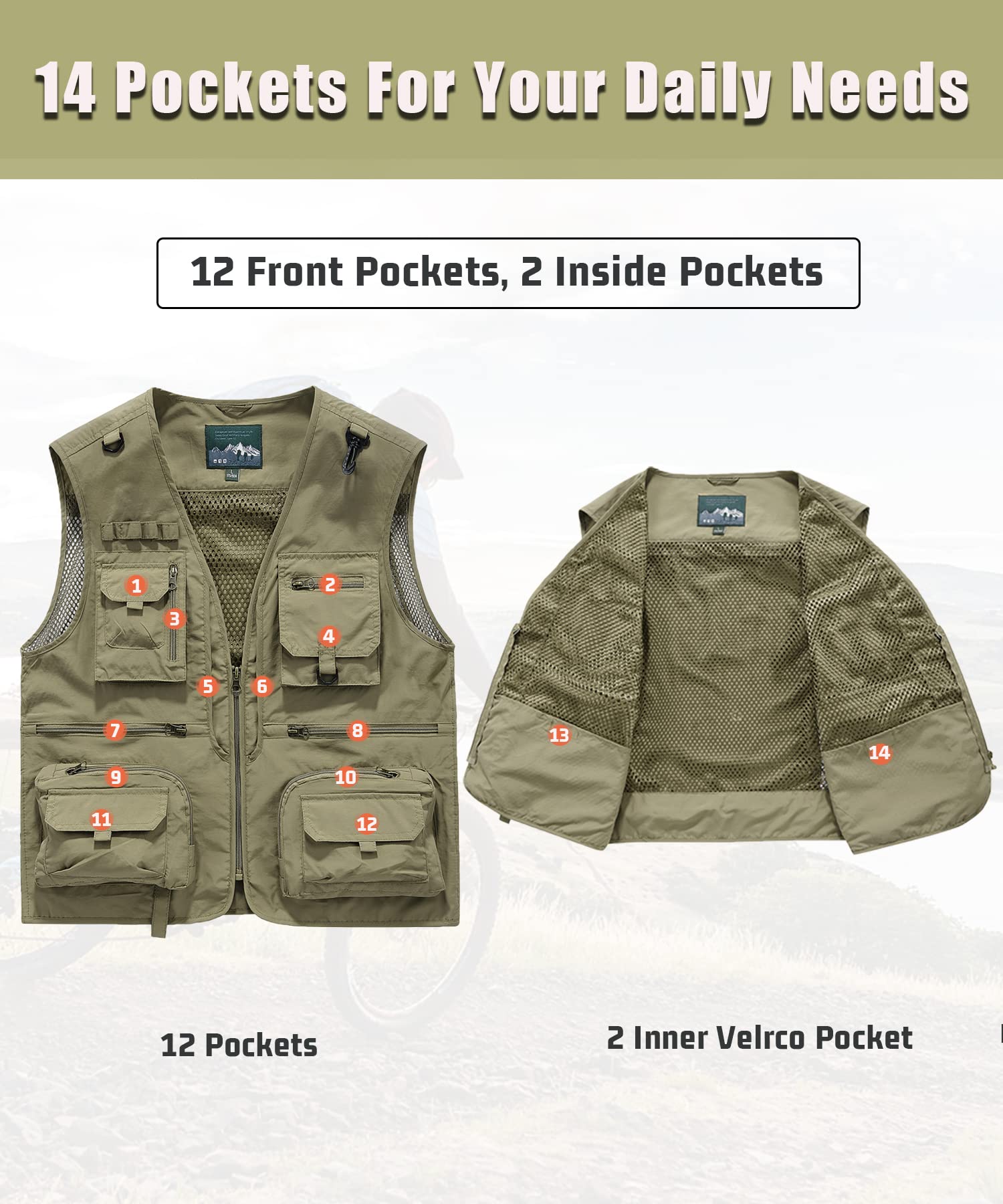 Chaleco de pesca con múltiples bolsillos para hombre Aire Libre Viajes Deportes Chalecos Casual Respirable chaqueta de secado rápido sin mangas Chaleco de Camping Senderismo