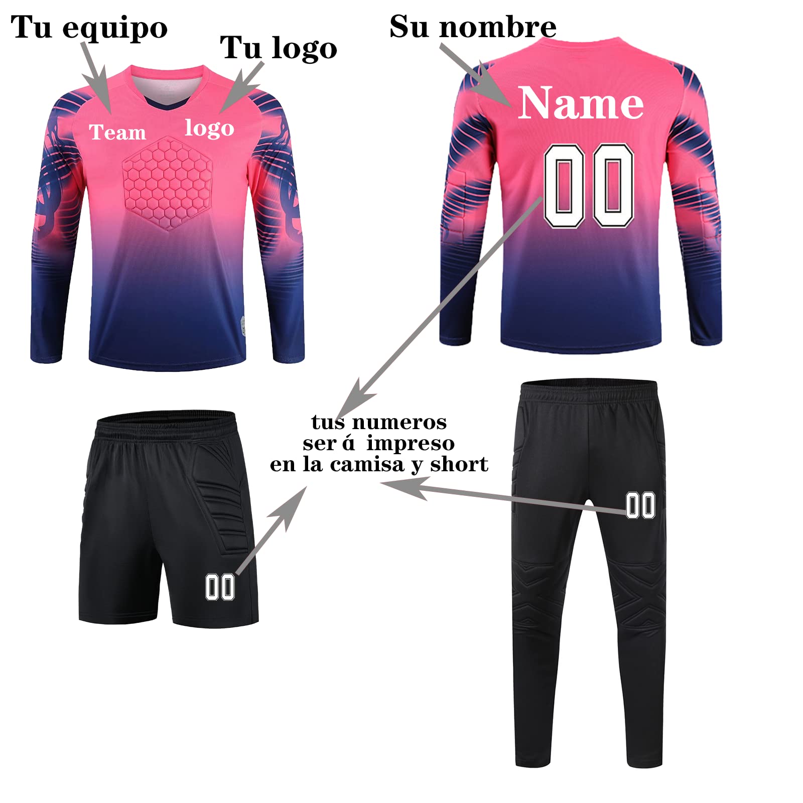 Camiseta de Portero Personalizado para niños Adultos, Mangas largas y Pantalones Cortos de Portero, Pantalones Personalizados con su Nombre, número, Equipo, número.