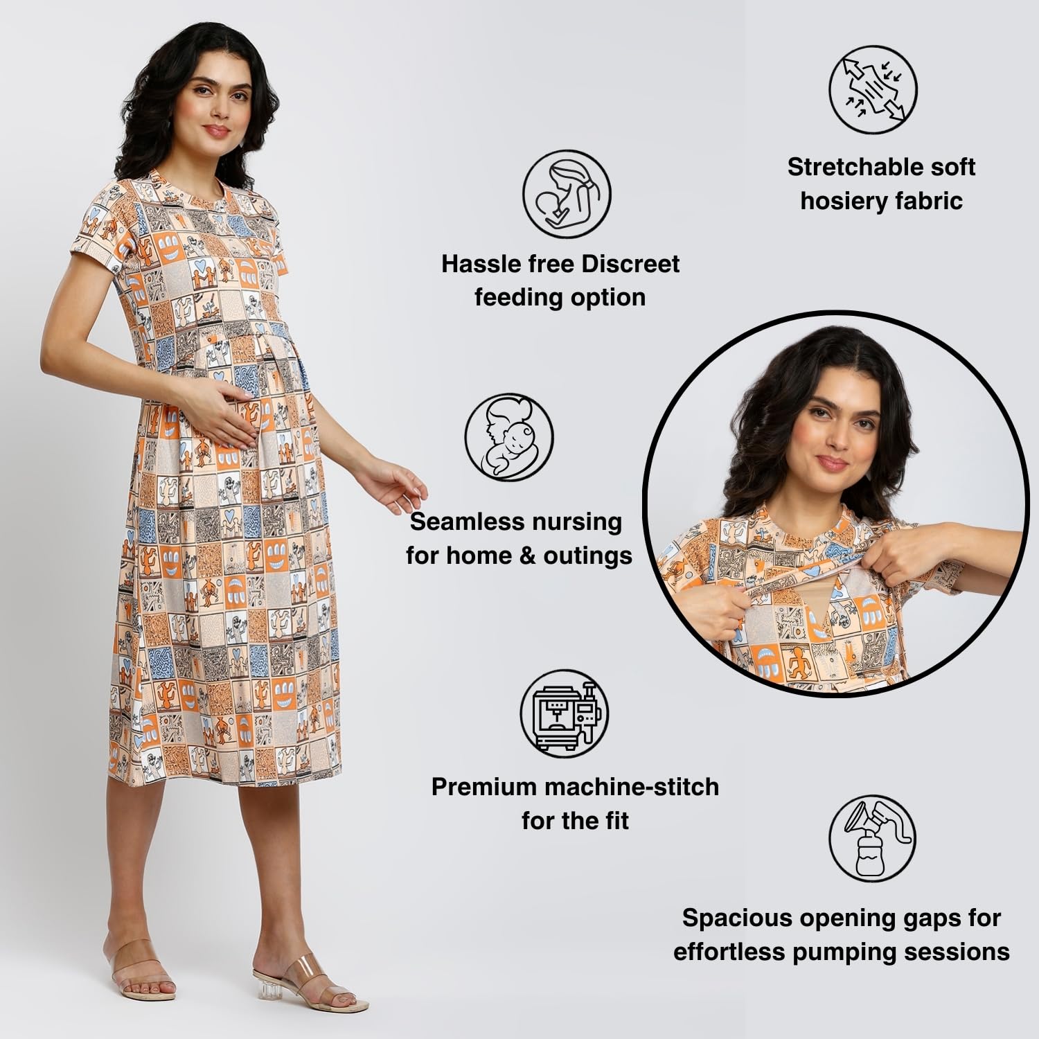 True Shape Maternity Dresses for Women Cotton | Stretchable Zipless Feeding Loungewear Kurta with Side Pockets in Knitted Hosiery for Pre & Post Partum(TS493-3XL, Pastel Orange) 1