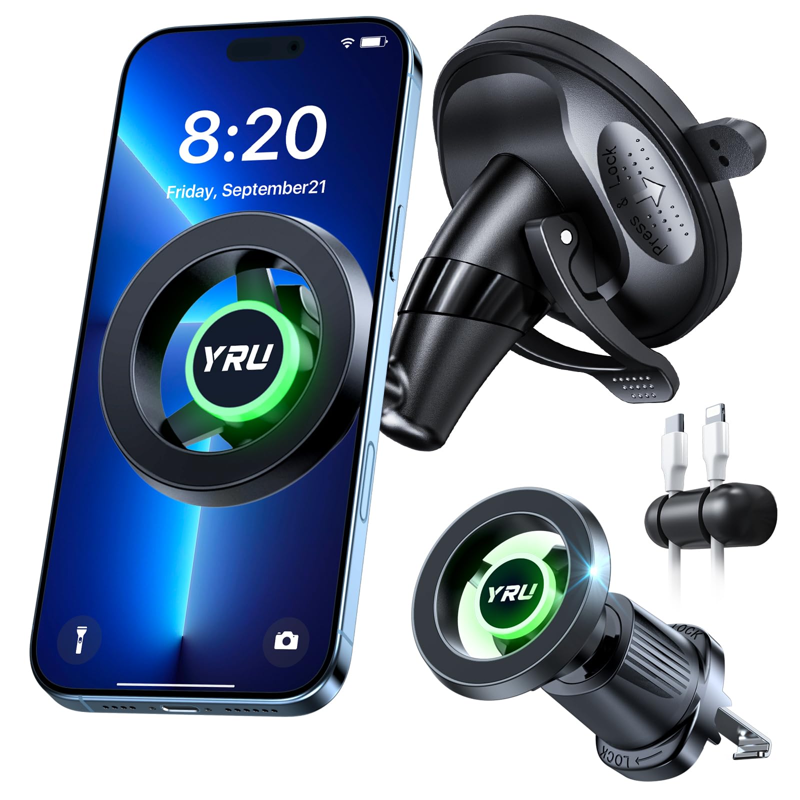 YRU Truely Upgrade Patent Car Phone Holder for Magsafe 98 LBS Strongest Suction Enhanced Magnetic Dashboard Car Mount