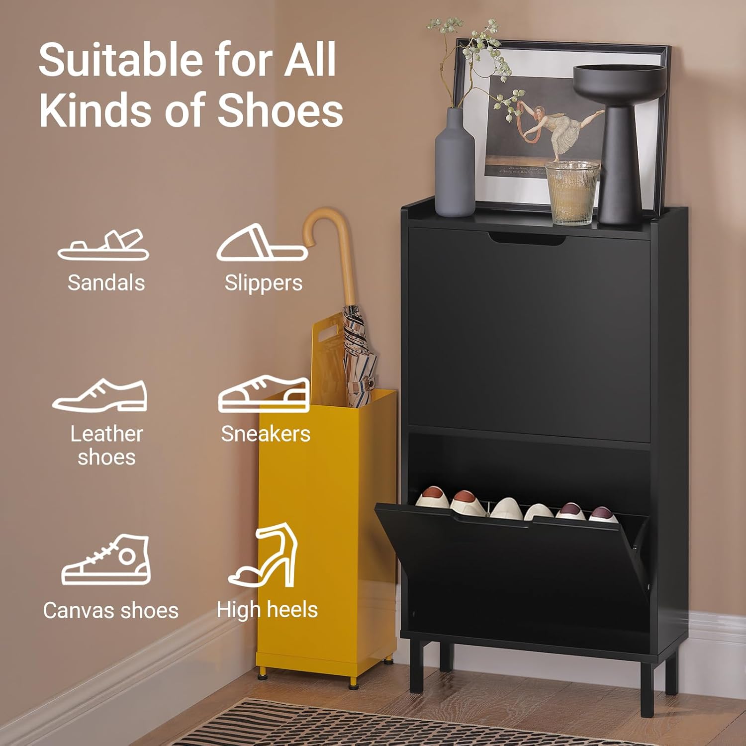 Shoe cabinet accommodating various shoe types
