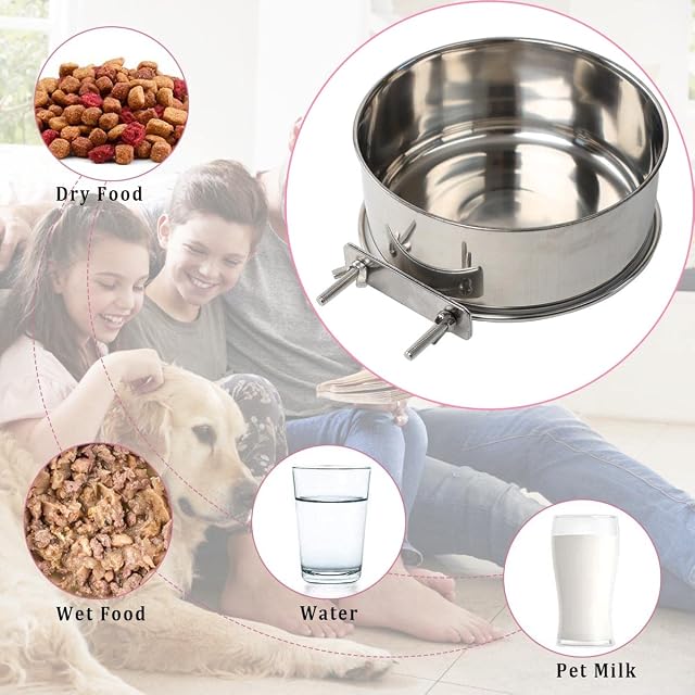 Foto 6 de 7 de Cuenco colgante para mascotas, jaula de acero inoxidable con 2 soportes para pernos, cuenco de agua para perro