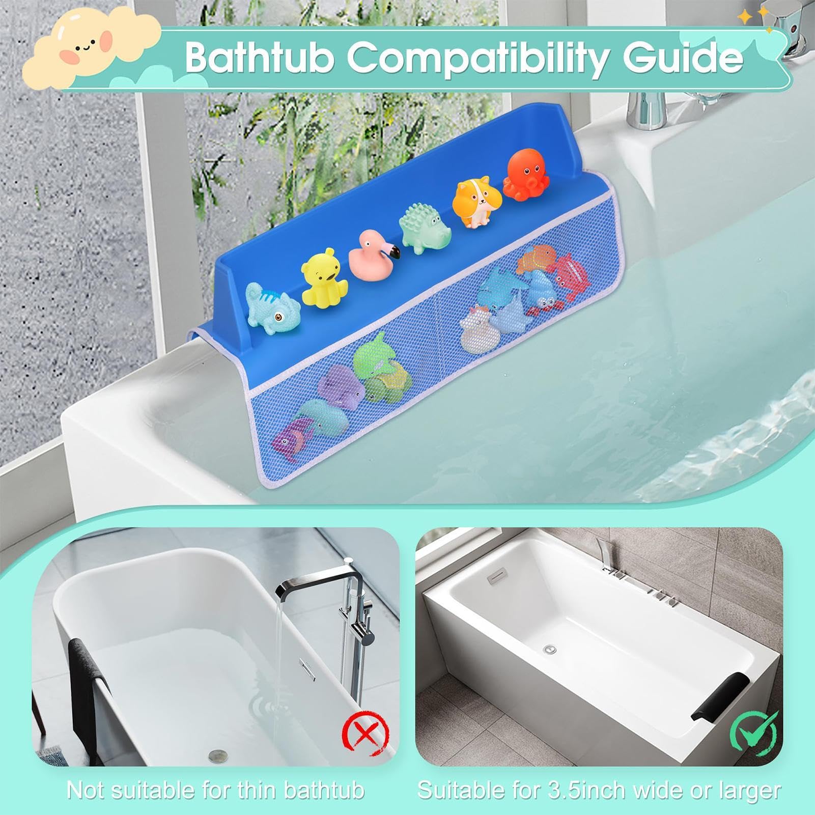 Paraspruzzi per vasca da bagno, mensola da, organizer per vasca da | bagno | Esclusivo ripiano per vasca da bagno, robusto contenitore per giocattoli e organizer per bambini con in
