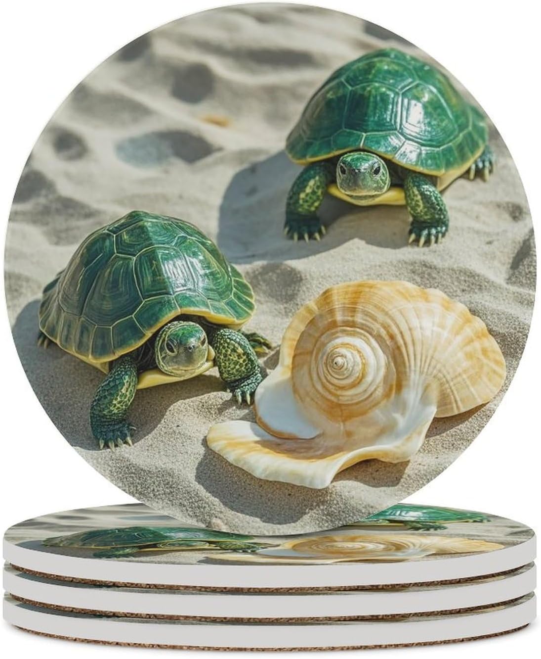 6PCS Two Turtles and Shells Coasters Non-Slip Round Drink Coasters with Ceramic Stone and Cork Base, Heat Resistant Absorbent 33.00Stone Coaster Set for Kinds of Mugs and Cups, 4 Inch