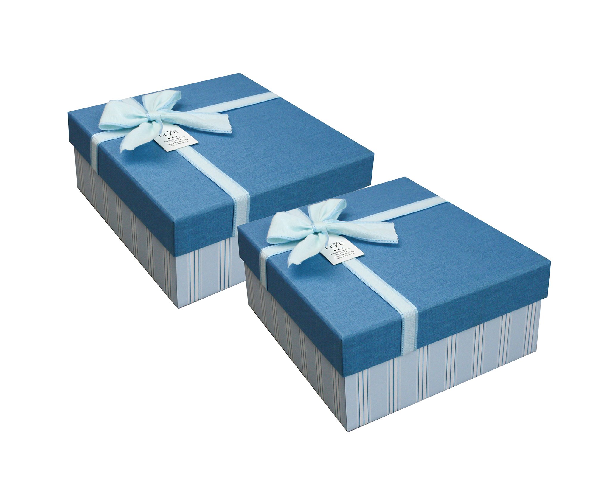 Emartbuy Set of 2 - Stripes Blue Rigid Gift Box with Ribbon – 26.5 x 26.5 x 11 cm – Luxury Cardboard Presentation Box | Premium Packaging for Hampers, Birthdays, Weddings, Corporate Gifting — image 1