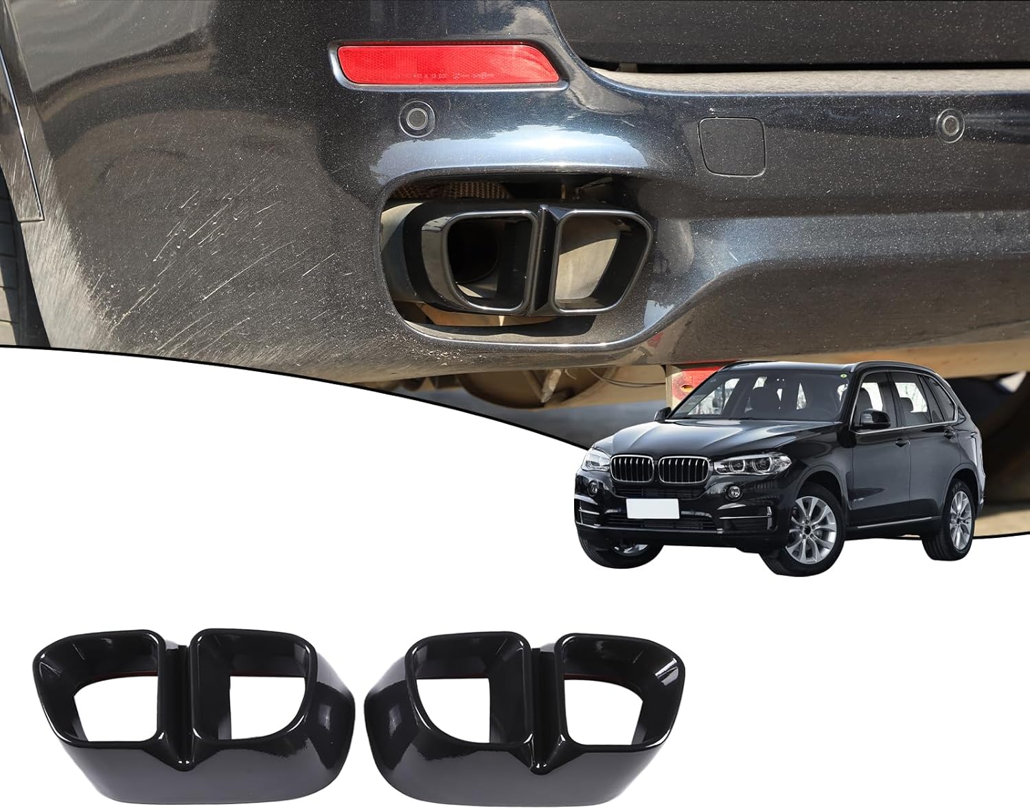Aluminum Alloy Exterior Accessories Exhaust Muffler Tail Pipe Trim Cover For BMW X5 F15 X6 F16 2014-2019(Suitable For M Sports Version) (Bright Black)