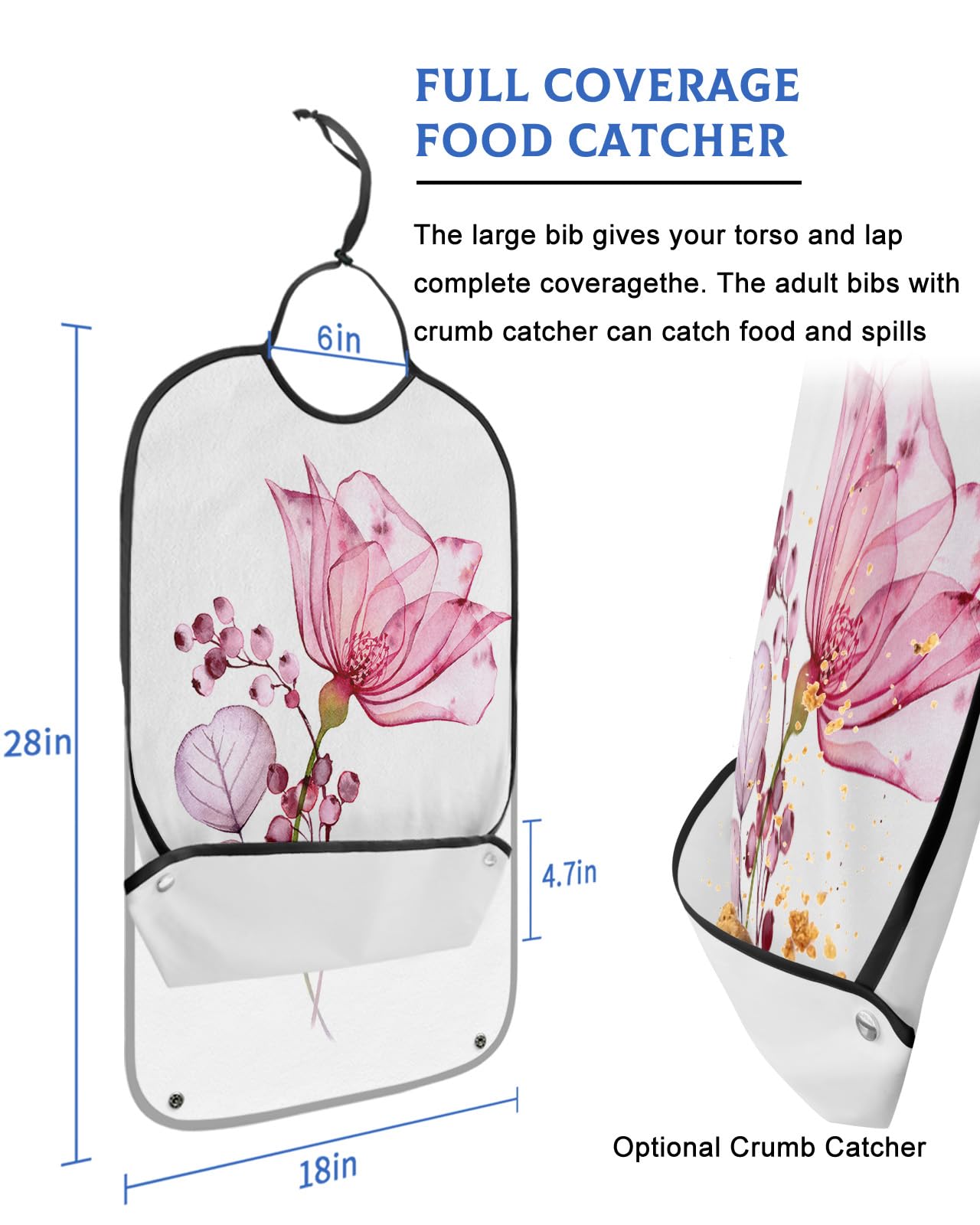 LEOKOTI Watercolor Flower Adult Bibs for Eating, Waterproof Bibs with Food Catcher & Adjustable Snap Closure, Simple Pink Spring Floral Washable Clothing Protectors Adult Bibs for Elderly Women/Men
