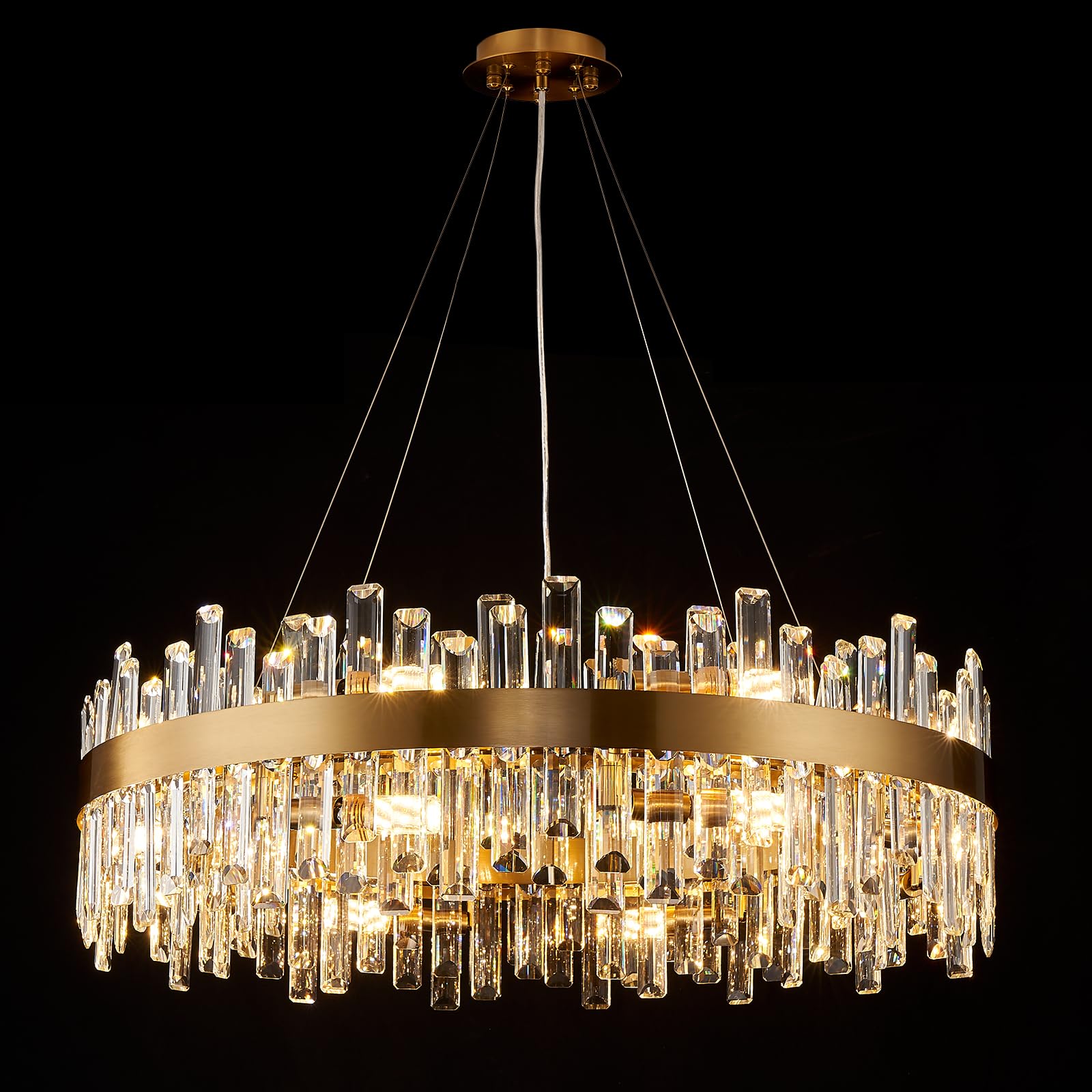 chandiry Round Crystal Chandeliers, D31.5 inch 16-Light Brass Gold Chandelier Lighting Fixture, Height Adjustable Pendant Ceiling Light for Living