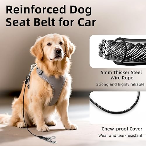 Miniatura 2 de Cinturón de seguridad para perro para automóvil, 16 pulgadas de alambre recubierto a prueba de mordeduras, correa para perro con hebillas y