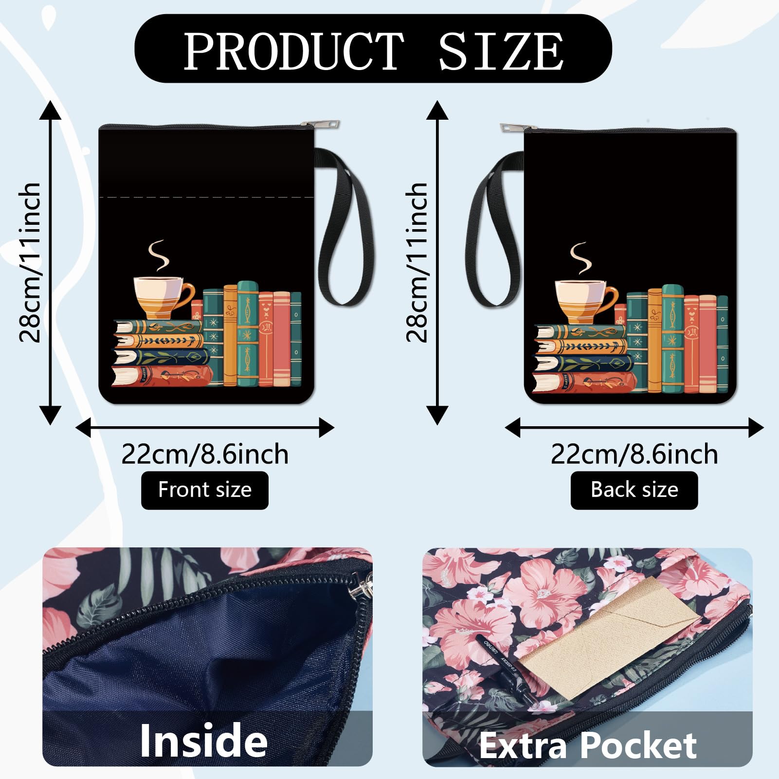CRASPIRE Book Sleeve Coffee Book Covers Book Pattern Black Book Protector for Paperbacks Washable Fabric Cloth Book Cover with Zipper and Extra Sleeve Pocket for Book Lovers Classmate Gifts - Image 2