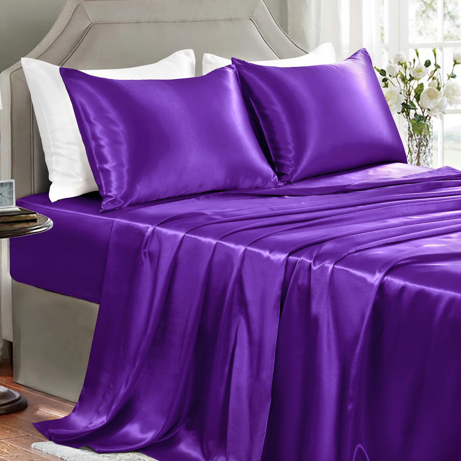 GOLAL Satin Sheets King Size, 4 Pieces Luxury Silky Soft Bed Sheets