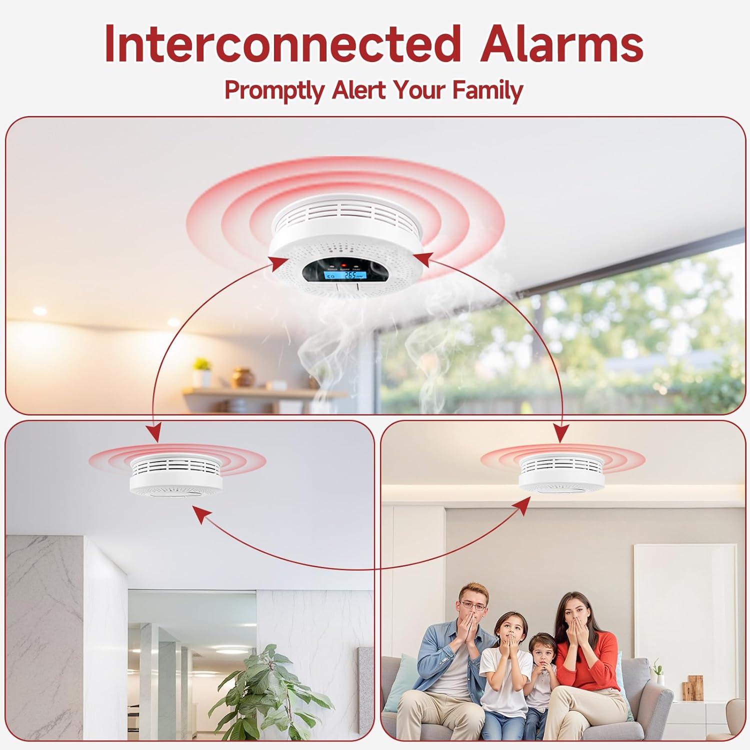 3-Pack Interconnected Smoke Detectors and Carbon Monoxide Alarm with Test & Silence Button, Battery Powered, Smoke and CO Detector for Any Room, Peace of Mind - Image 2