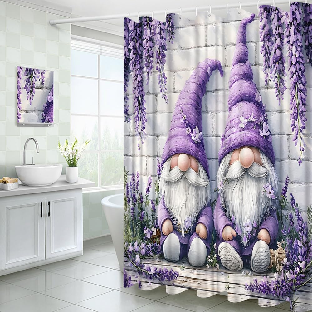 Purple Floral Gnomes Shower Curtain Farmhouse Lavender Spring Flowers Fabric Bathroom Decor Curtains with Hooks, 78" Wx70 H