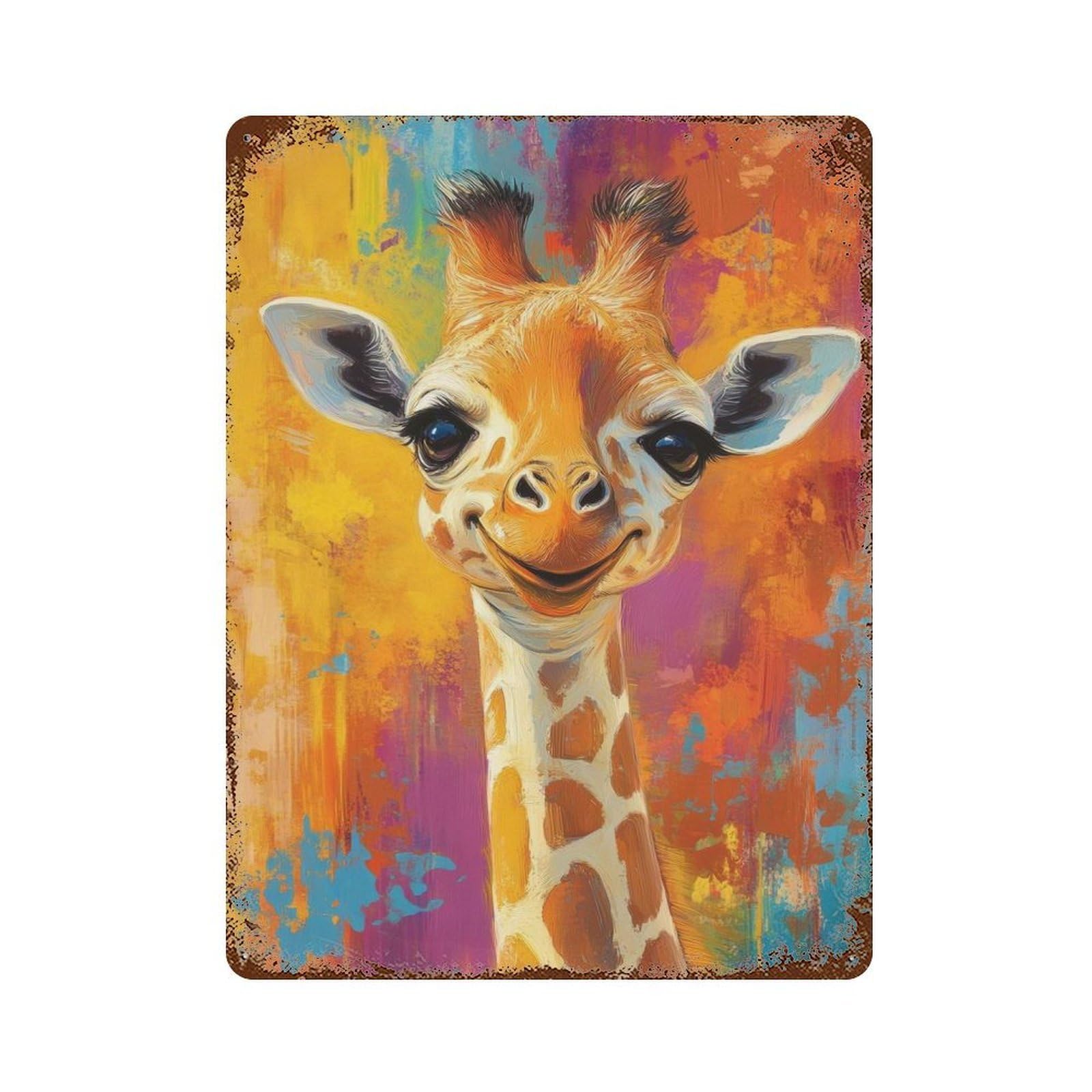 Rust Effect Colorful Giraffe Portrait Aged Metal Wall Plaque 15.7"x11.8", Shabby Chic Decor for Basement, Hobby Room And Garage Decor