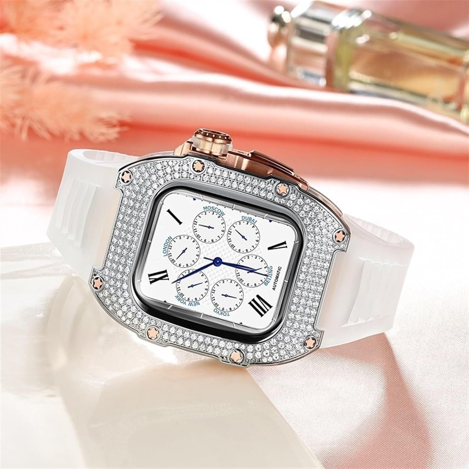 Caja de reloj de diamante + kit de modificación de correa de reloj de goma, para iWatch 8 7 6 5 4 SE, correa de reloj de negocios de moda para mujeres y niñas, para iWatch de 40 mm y 41 mm