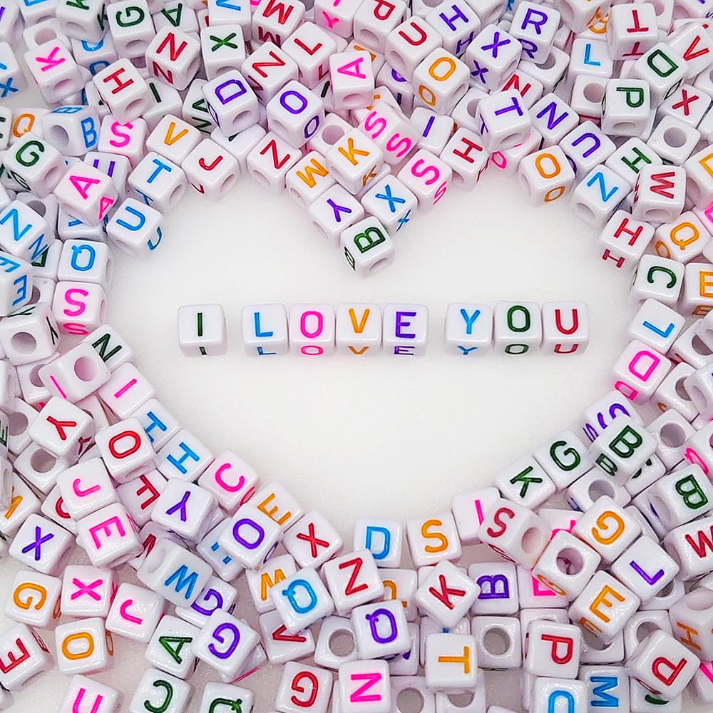 300+ Pieces 10x10mm Big Large White Cube Acrylic Alphabet Letter Beads A-Z Mixed Plastic Shape Loose Beads for Jewelry Making Bracelets Necklaces Key Chains (Colorful on White)