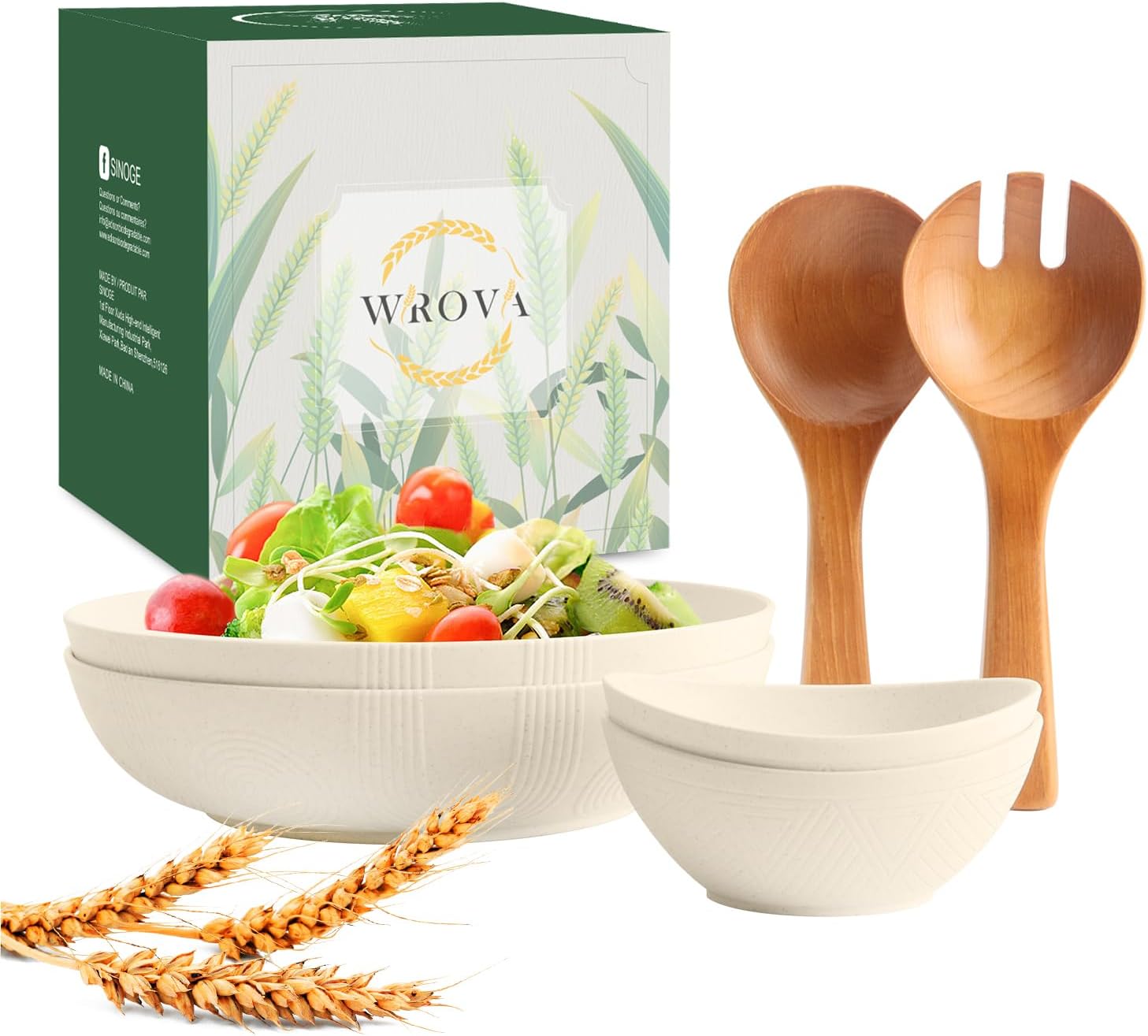 Wheat Straw Bowls Set- Large Serving Bowls with Wood Salad Servers and Sauce Bowls 6 Pack- Unbreakable Salad Bowl with Spoon and Fork for Party, Family- Beige