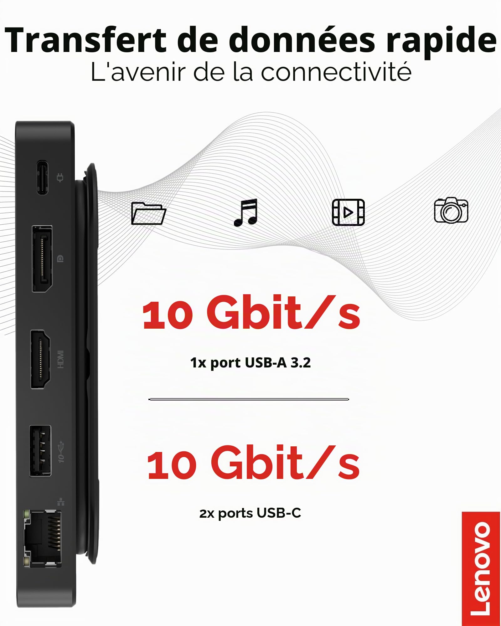 Lenovo Station d'accueil de Voyage USB-C à Double écran, 7 Ports, Ports HDMI et DP prenant en Charge Deux écrans à 4K, Passe PD jusqu'à 100 W, câble USB-C intégré, Noir