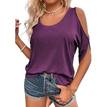 Aoysky Women Cold Shoulder Tops Summer Short Sleeve Shirt Scoop Neck Tee Casual Loose Fitting Solid Color Tunic Top