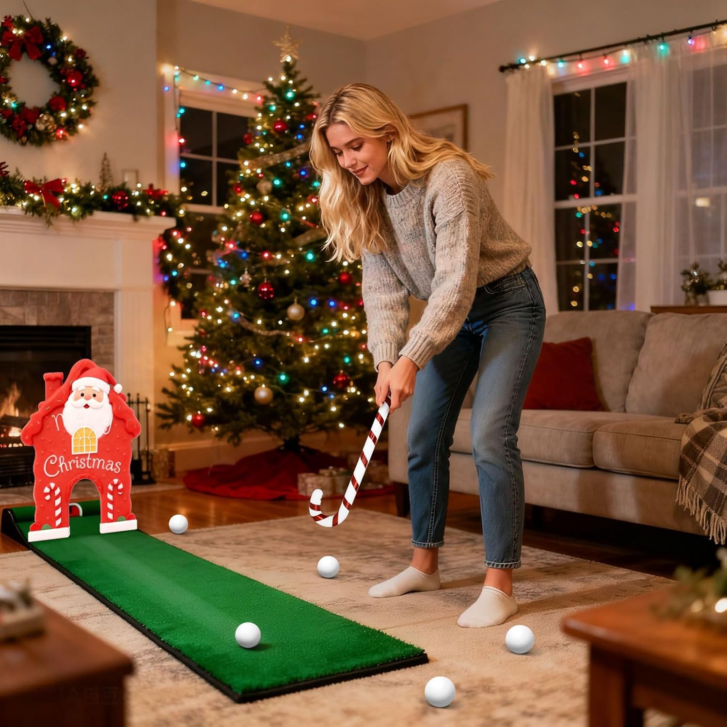 Gingerbread House Golf Game - 35cm Funny Candy Cane Sticks | Festive Indoor Family Party Toy with Candy Cane Putter 6 Balls, Holiday Mini Golf Course for Home, Office and Carnivals