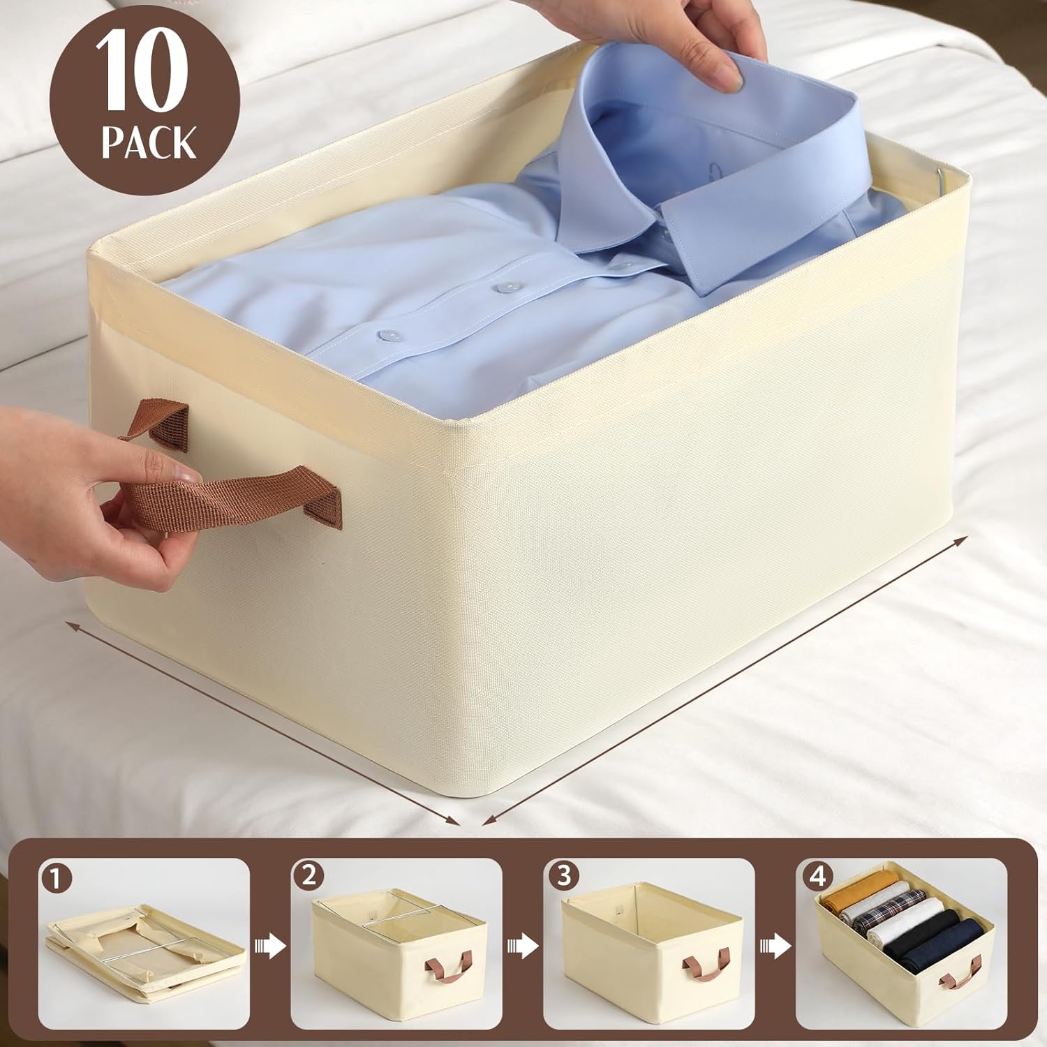 10 Pack Fabric Storage Bins for Shelves, Medium Closet Organizer Baskets with Sturdy Handles, Collapsible Clothes Bins for Closet Organization, Beige 15"x10"x8"