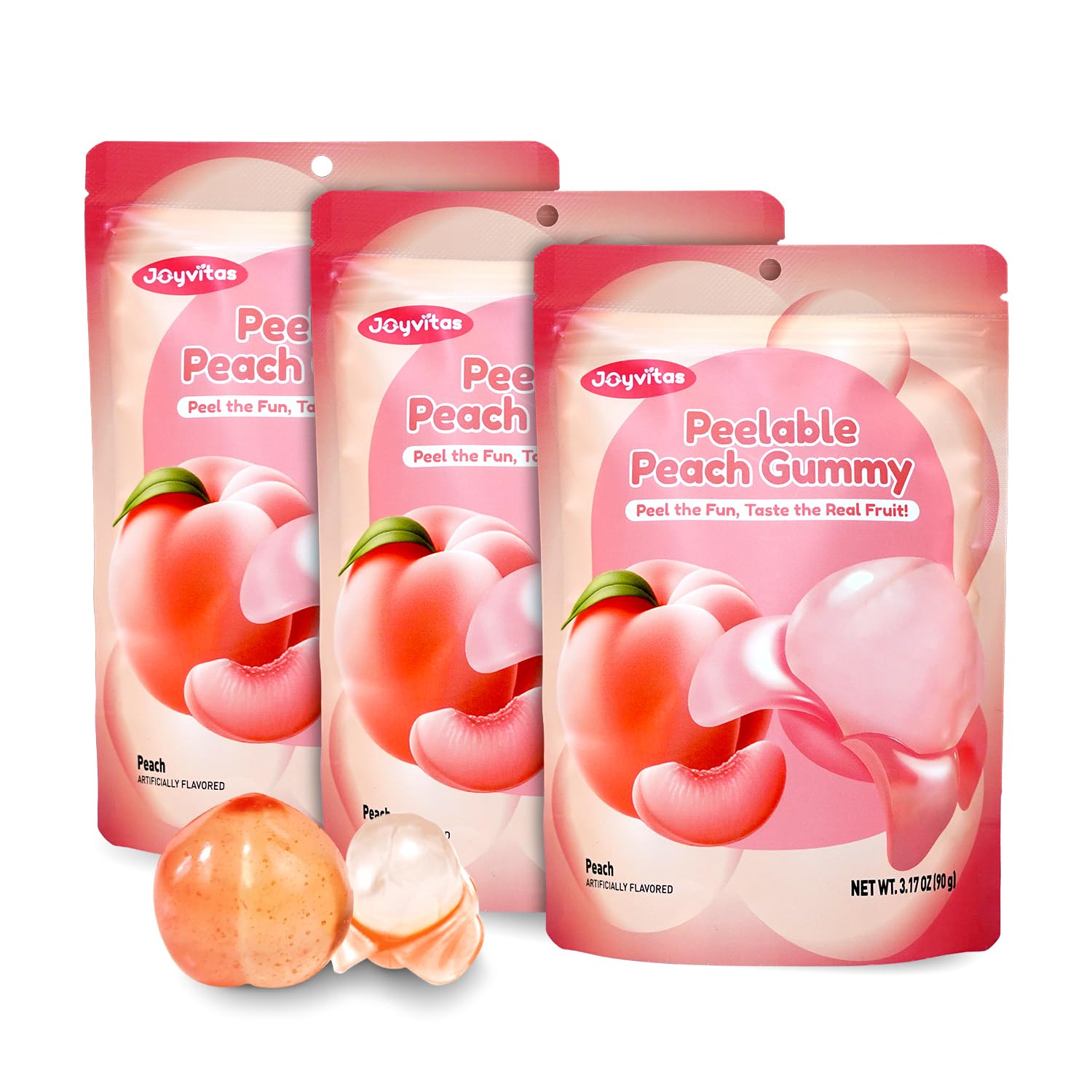 Peelable Gummy Peach Candy, Peeling Gummies Peach Candy Variety Pack – Natural Juicy Flavor, Low Sugar & Low Calorie, Individually Wrapped Resealable Snacks (3 Pack, 9.53oz Each)