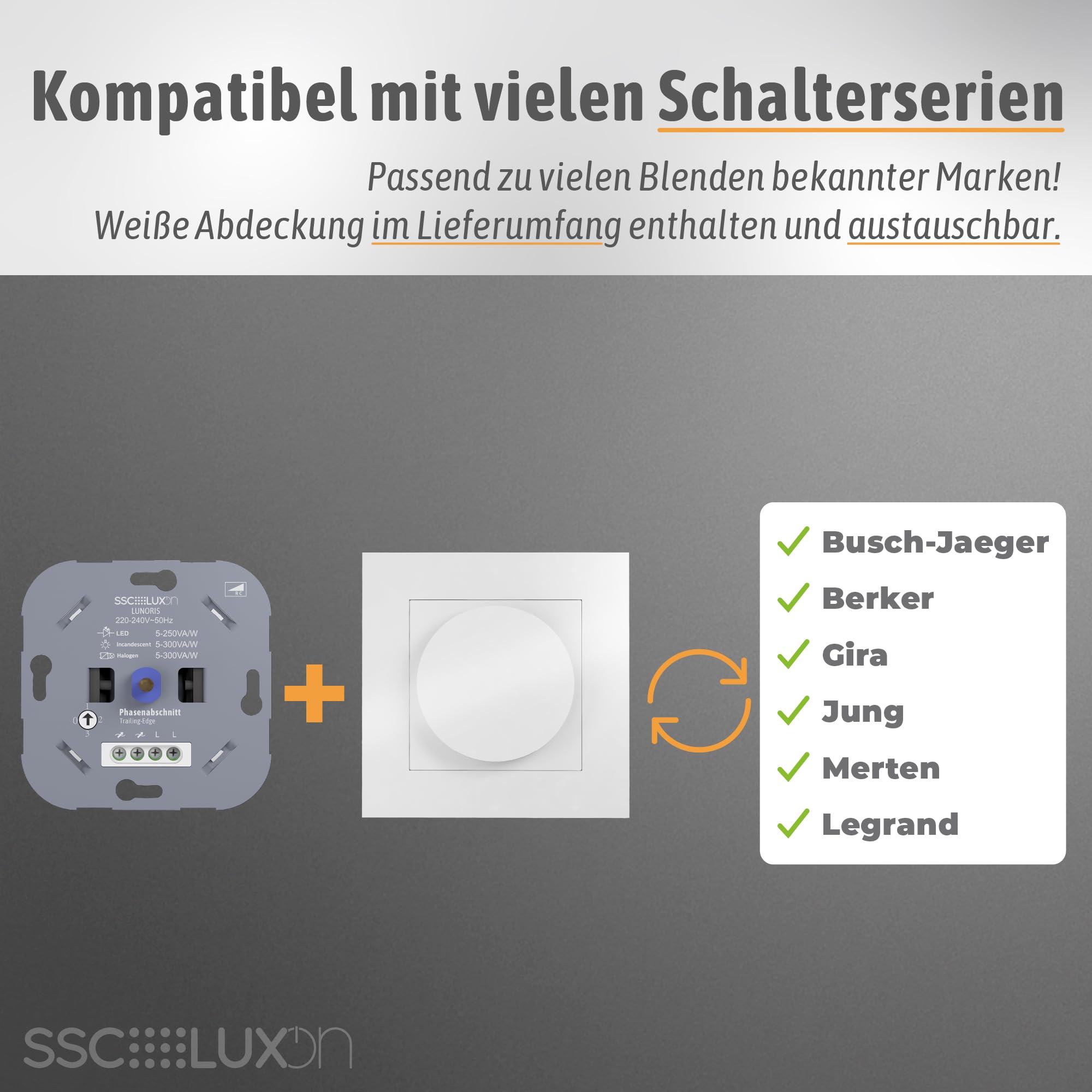 SSC-LUXon LUNORIS - Dimmer girevole universale, da incasso, 5 – 250 W, LED alogeno, a sezione di fase, 230 V, per presa da incasso, 60 mm, copertura bianca