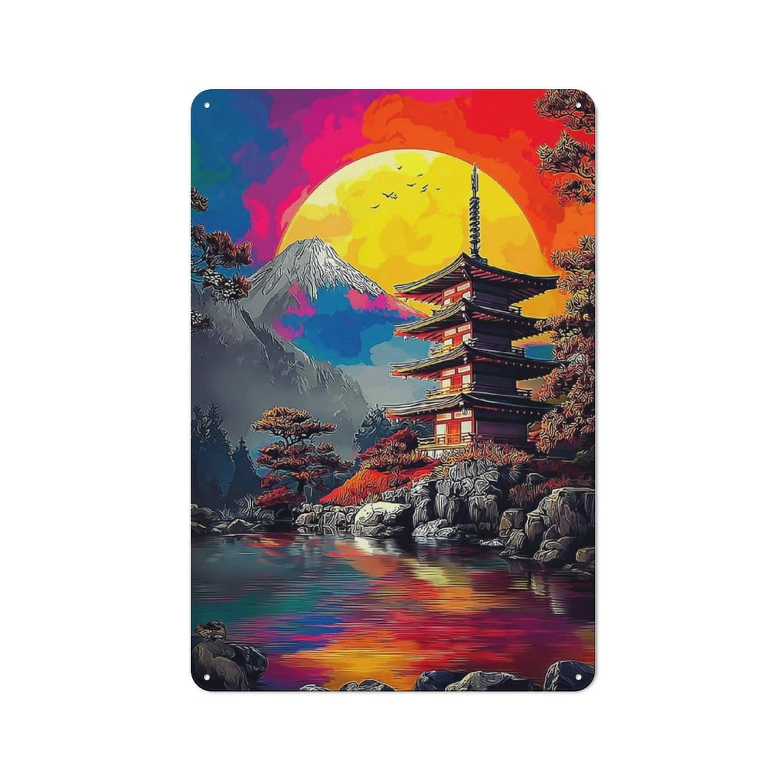 Junmoney Japanese Pagoda Sunset Reflections Rustic Metal Plaque 30X20cm For Hobby Room Or Studio, For Creative Interior Collectors
