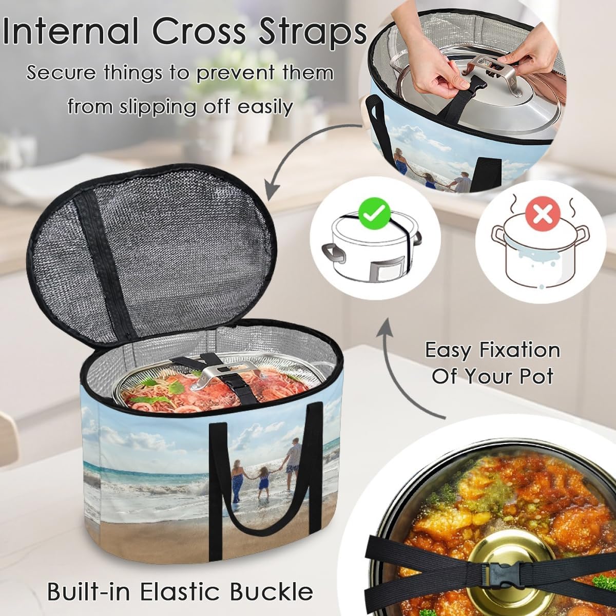 Custom Slow Cooker Travel Tote Bag, Personalized Insulated Carrier Case, Internal Buckle Holds 4 5 6 7 8 Quart Crock Pots in Place, Portable Pot Bags Reinforced Handles for Outdoor Camp Picnic