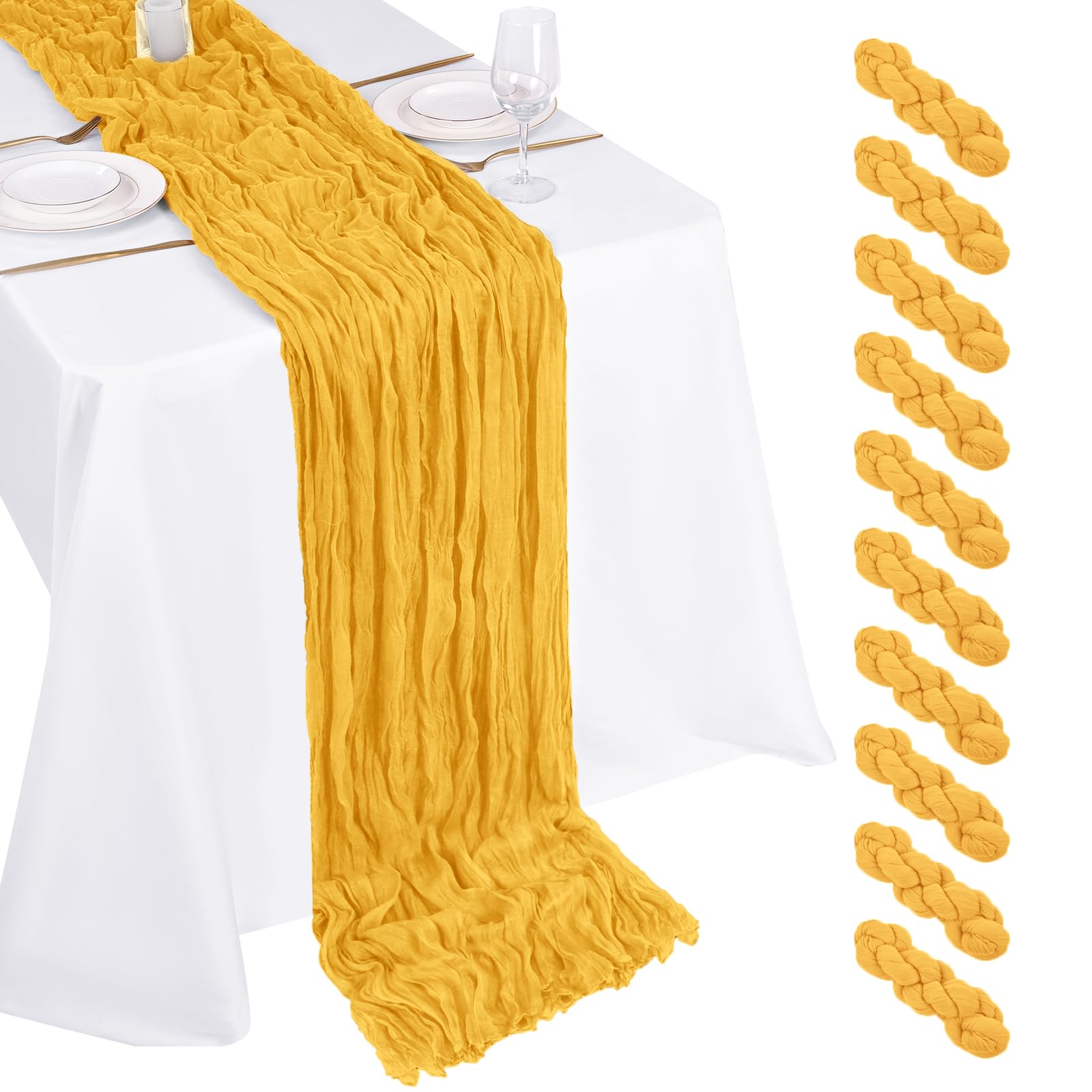 Photo 1 of 10 Pack Gold Cheesecloth Table Runner 17x108 Inch Boho Gauze Cheese Cloth Table Runners for Wedding Party Baby Shower Birthday Home Decor