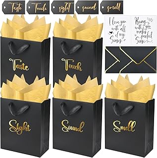 Gold Foil 5 Senses Gift Bags for Him with Labels Envelopes and Cards, Sight