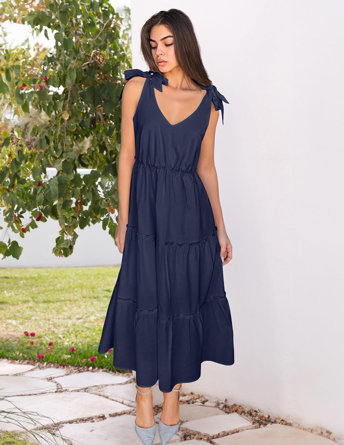 ZESICA Women's 2026 Summer Boho Sleeveless Midi Dresses Casual V Neck Spaghetti Strap Flowy A Line Tiered Beach Long Sundress - Image 7